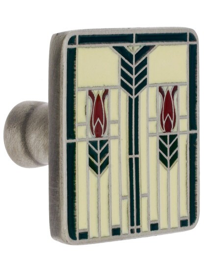 1 1/4 inch Square Prairie Tulips Knob in Antique Pewter/Evergreen.